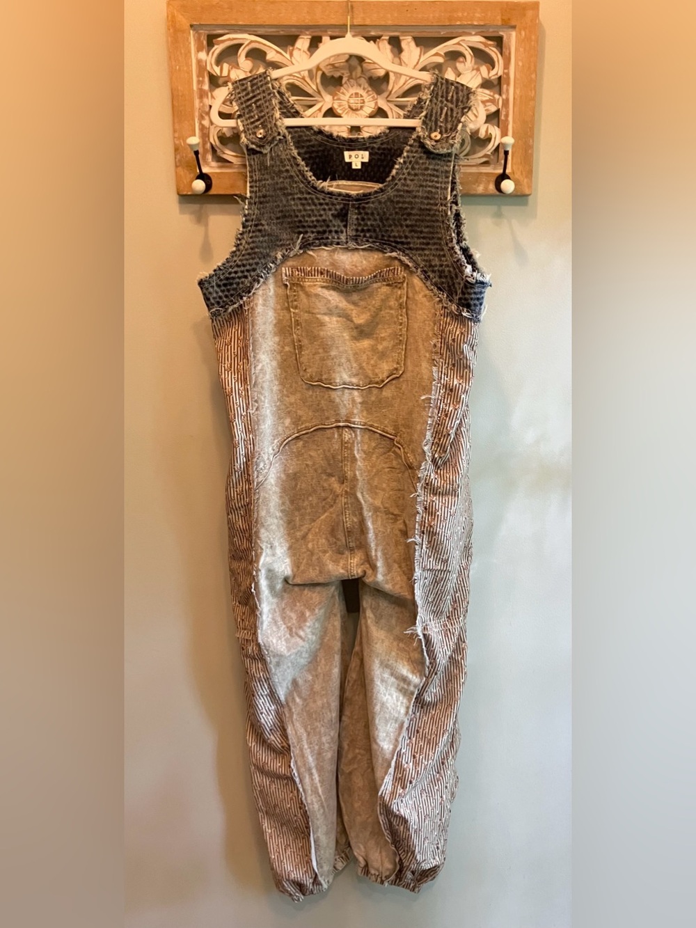 POL Mixed Material Boho Washed Brown/Tan Overalls Jumpsuit Laser Cut Yolk NWOT L